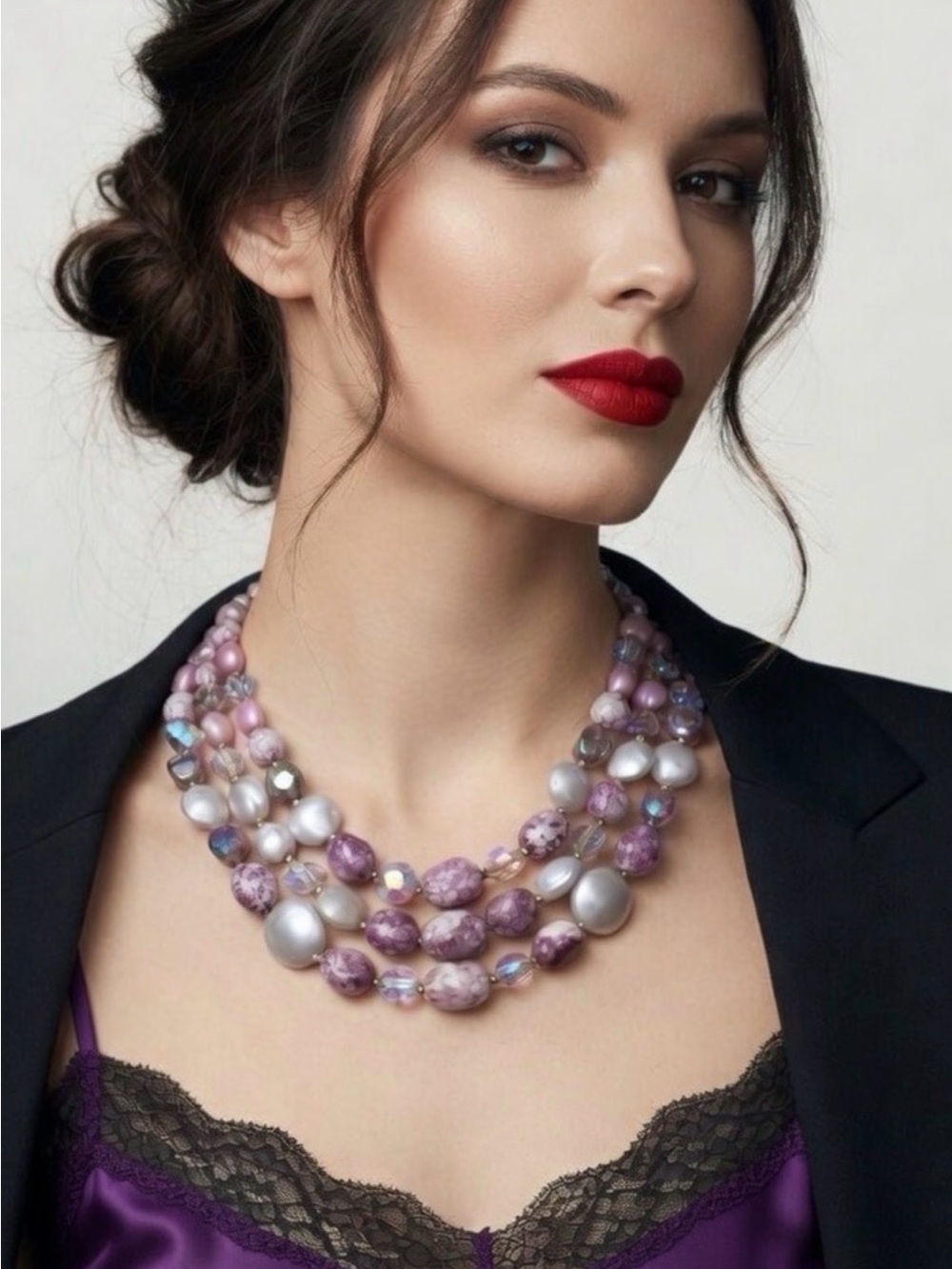 Vintage 1950s Pastel Pink Lavender Purple Pearl Multi-Strand Necklace